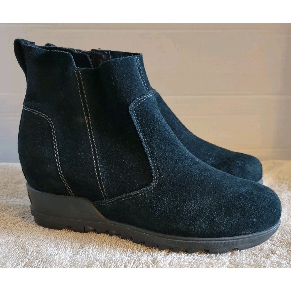 Sorel Joan Of Arctic Wedge Black Nubuck Suede Leather Chelsea Ankle Boot Size 8